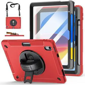 Case for iPad 10th Generation 2022:Miesherk Stock Military Grade Shockproof Rugged Case for iPad 10th Gen 10.9'' W/Screen Protector,Rotate Stand,Handle,Shoulder Strap,Pen Holder (Black Red)
