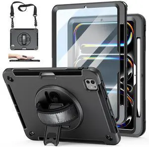 Case for iPad Pro 11 M4 2024: Protective Cover for iPad Pro 11 Inch 5th Generation with Screen Protector- Stand- Handle- Shoulder Strap- Pencil Holder- Black
