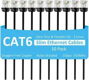 Mygatti Slim CAT6 Ethernet Cable 8 FT (10-Pack), Snagless Cat 6 Patch Cable, Nylon Braided, 1Gbps, Internet Network Cables, Ultra Slim Cat6 Cables, UTP, Black Cables -10 Pack