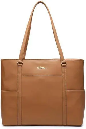 NNEE Classic Laptop Leather Tote Bag for 15 15.6 inch Notebook Computers Travel Carrying Bag with Smart Trolley Strap Design - Light Brown