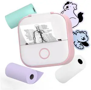 Phomemo T02 Sticker Printer- Print Pods Inkless Printer, Mini Printer Sticker Maker, Bluetooth Thermal Pocket Printer for Study Notes, Stickers, Photos, DIY Printing, with 3 Rolls Paper, Pink