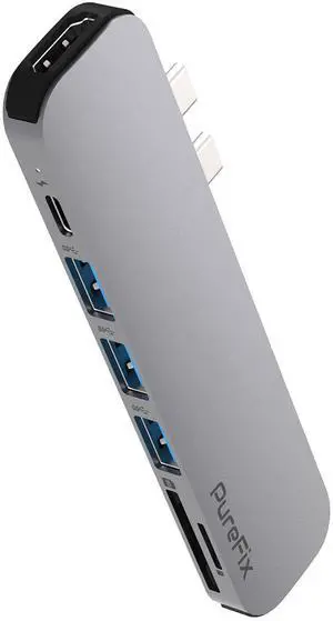 PureFix Mac USB C Hub, Thunderbolt 3 to USB C Multiport Adapter for MacBook Pro 16 15 13 inch & MacBook Air, 7-in-2 Dongle with 4K HDMI, 100W PD, 3 USB 3.0 Data Ports, SD & MicroSD Card Reader