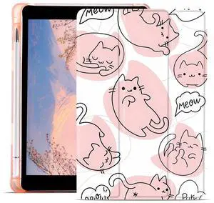 JOYLAND for iPad 9th/7th/8th Generation 10.2 Inch with Pencil Holder, Kawaii Cats Pink TPU Back Trifold Stand Smart Case for iPad 2021/2020/2019, Auto Wake/Sleep Anti-Slip Protective Case Cover