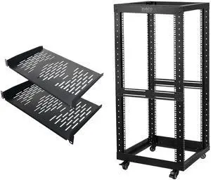 RIVECO 25U Open Frame Server Rack with Wheels- Heavy Duty 4 Post 19-inch Support 600KG Equipment Thick Cold Rolled Steel Cabinet & 10" Depth Rack Shelves 2PCS