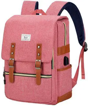 Ronyes Vintage Laptop Backpack for Women Men,15.6 inch Bookbag Casual Daypack with USB Charging Port for College Work, Pink Backpacks