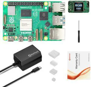 RasTech Raspberry Pi 5 Kit 8GB RAM with 27W PD Power Supply 5.1V5A,Heat Sinks and Raspberry Pi 5 8GB Board Included