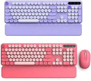 Pink Wireless Keyboard Mouse and Purple Keyboard, Round Keycaps, Full-Size Retro Typewriter Keyboard with Detachable Wrist Rest, Sleep Mode & Tilt Legs, 2.4GHz Cordless Connection
