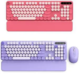 Hot Pink Wireless Keyboard and Purple Wireless Keyboard Mouse, Cute Round Keycaps, Full-Size Retro Typewriter Keyboard with Detachable Wrist Rest, 2.4GHz Cordless Connection for Mac/Windows/PC/Laptop