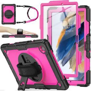 SEYMAC stock Case for Samsung Galaxy Tab A8 10.5'', Full-Body Drop Protection Case with Screen Protector Pencil Holder [360deg Rotating Hand Strap] &Stand, Pink+Black