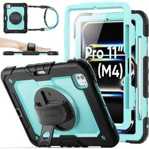 SEYMAC stock Case for iPad Pro 11 inch Case 2024 (M4), Shockproof Protective with Pencil Holder, Screen Protector, 360deg Rotate Stand, Adjustable Hand Strap, Shoulder Strap, SkyBlue