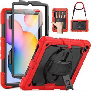 SEYMAC Case for Samsung Galaxy Tab S6 Lite 10.4'' 2024/2022/2020 (SM-P620/P610/P615), Heavy Duty Full-Body Shockproof Protective Case with Screen Protector, Rotating Stand, Hand/Shoulder Strap, Red