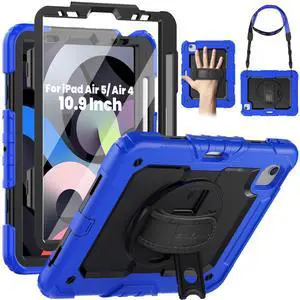 SEYMAC for iPad Air 5th/ 4th Generation Case 10.9 Inch, Full-Body Shockproof Protective Case with Screen Protector, Rotating Stand/Handle/Shoulder Strap/Pencil Holder for iPad Air 5/ Air 4, Blue