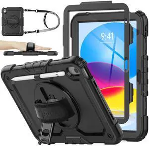 SEYMAC stock Case for iPad (A16) 11th/10th Generation 11''/10.9'' 2025/2022, Full-Body Drop Protection Case with Screen Protector &360deg Rotate Hand Strap/Stand, Black