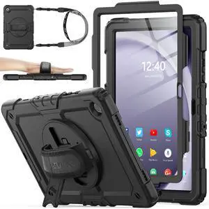 SEYMAC stock Case for Samsung Galaxy Tab A9+ Plus 11'', Full-Body Drop Protection Case with Screen Protector Pencil Holder [360deg Rotating Hand Strap] &Stand, Black