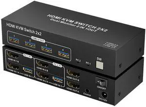 KVM Switch 2 Monitors 2 Computers HDMI USB3.0, 4K@60Hz KVM Switches for 2 Computers Sharing 2 Monitor Keyboard Mouse Printer/Scanner,with EDID/HDCP Adaptive, 2USB Cable and Desktop Controller