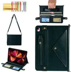 Handbag Case for iPad 10.2"/iPad Pro 10.5/iPad Air3, Techcircle Folio Stand PU Leather Cover w/Hand Strap, Crossbody iPad Case with Pencil Holder Card Slots Envelope Pocket Wallet Case, Midnight Green