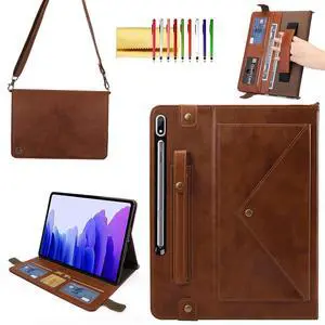 Handbag Case for Samsung Galaxy Tab S9 FE 10.9"/S9/S8/S7 11", Techcircle Folio Stand Crossbody Wallet Case with S Pen Holder & Card Slots Pocket, Hand Strap & Shoulder Strap Protective Cover, Coffee