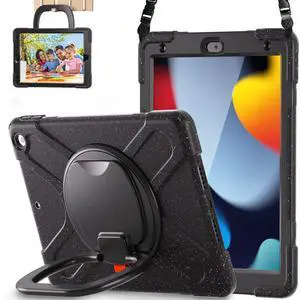 LX-SUNCX for iPad 10.2 Case 9th Generation 2021 / 8th Gen 2020 /7th 2019,Shockproof Kids Case with Screen Protector,Rotating Stand/Pencil Holder/Shoulder Strap for iPad 10.2 Inch -Carnival Night Black
