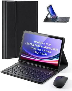 TUNKARMOR for iPad Air 13 inch (M2, 2024) Case Keyboard and iPad Pro 12.9 inch (6th, 5th, 4th, 3rd Gen) Keyboard Case Built-in Pencil Holder with Mouse - Black