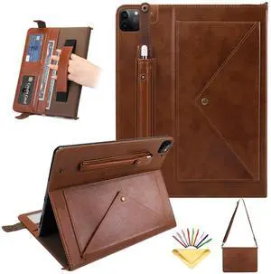 Crossbody Handbag Case for iPad Pro 13 inch M4 2024, UUcovers Slim PU Leather Magnetic Stand Wallet with Pencil Holder [Shoulder Strap/Hand Strap] Document Carrying Folio Sleeve Bag Cover, Coffee