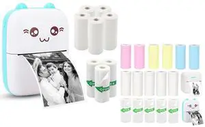 Vicbear Mini Pocket Printer Set with 8 Rolls Printing Paper + 16 Rolls Thermal Paper Set, Including Sticker/Colored Plain/White Plain Paper, Blue
