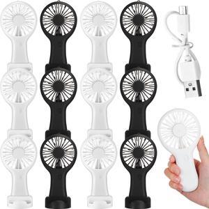 Woanger 12 Pcs Mini Handheld Fan Bulk 3 Speed USB Electric Battery Operated Small Portable Pocket Fan with Data Cable and Mounting Base Quiet Summer Gift for Wedding Camping Travel(Black and White)
