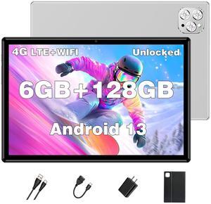 Tablet Android Tablets 10 Inch, Octa-Core Android 13 Unlocked Tablet with SIM Card Slot, 128GB ROM+6GB RAM, 5MP+13MP Camera/5G WIFI GPS/BT/6000mAh/1280*800 IPS Screen/Cellular Tablet with Case(Silver)