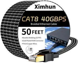 Ximhun Cat 8 Ethernet Cable 50 FT, High-Speed Braided Internet Cable Network Cord with RJ45 Connector 40Gbps 2000Mhz Heavy Duty LAN Cable Shielded Indoor