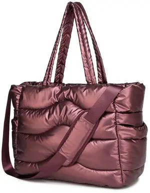 Y.U.M.C. Quilted Puffer Tote Bag for Women- Stylish Multi-Way Carrying Shoulder Bag with Laptop Compartment (maroon)