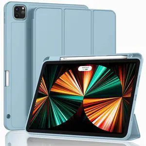 ZryXal New iPad Pro 12.9 Inch Case 2022/2021/2020(6th/5th/4th Gen) with Pencil Holder,Smart iPad Case [Support Touch ID and Auto Wake/Sleep] with Auto 2nd Gen Pencil Charging (Light Blue)