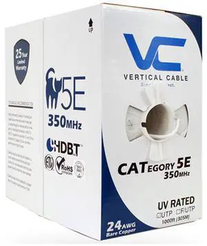 Vertical Cable Cat5e, 350 Mhz, UTP, UV Jacket, Outdoor, CMX, 1000ft, Bulk Ethernet Cable, White