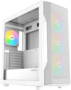 SAMA S40 Mid Tower Case - High Airflow, 4X 120mm ARGB PWM Fans, Tempered Glass, Mesh Front, Type-C, Supports ATX/M-ATX/ITX & 4090 GPUs - White Computer Case
