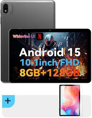 Headwolf Android 15 Tablet 10 inch Tablets with 2Pack Screen Protector, WPad6 Octa Core FHD 1920 * 1200 Display Android Tablet, 8GB RAM + 128GB ROM, Widevine L1 Support, 6000mAh, WiFi Tablet PC