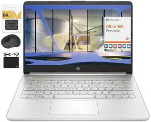 HP New 14" HD Ultra Light Thin Laptop, Quad-Core Intel Celeron Processor, 4GB RAM, 192GB (128GB eMMC+ 64GB Card), Wi-Fi, Upto 11 Hours, Windows 11 S + 1 Year Office 365+HubxcelAccessory, Silver