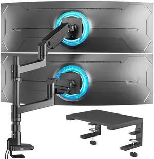ARES WING Dual Monitor Arm with 3 in 1 Versatile Clamp on Desk Shelf, 15 inches Desk Extender Shelves and Vertical Gas Spring Double Monitor Mount with USB