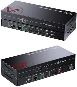 AV Access HDMI USB Extender(HDBaseT) KVM, 100m/330ft 4K 60Hz 1080p 120Hz Over Cat5e/6/6a/7, Keyboard+Mouse+HDMI+USB, 4 Ports USB2.0, No Signal Loss and Latency, RS232, POE, Independent EDID Management