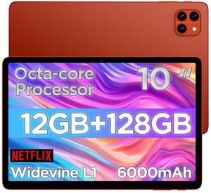 Android Tablet, 10.1 inch Android 14 Tablet, Octa-core Processor, RAM 12GB, ROM 128GB (Up to 2 TB), 800 x 1280 Resolution, WiFi 6 & Bluetooth 5.4, Dual Cameras, Dual Speakers, 6000mAh Battery, Orange