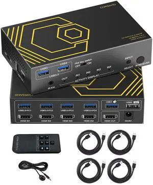 HDMI KVM Switch USB 3.0 4 Ports with Hotkey 4K 60Hz 18Gbps Share 4 Computers with one Keyboard Mous HDR D-olby Vision HDCP2.2 Remote Control USB3.0 CableX4