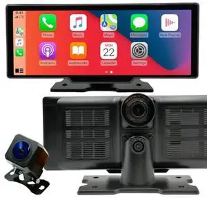 Wireless Portable Carplay Screen for Car, 10.26" HD IPS Carplay Mirror Link Android Auto Screen, Trouch Screen 4K Dash Camera, Recording, Car Audio Receiver 1080P Backup Camera, GPS Navigation