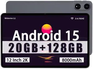 Android 15 Tablet, 12-inch Tablet with 20GB RAM 128GB ROM 1TB Expansion, T615 Octa-core Processor, 8000mAh, 2000x1200 2K Display, 5MP + 13MP Dual Camera, Widevine L1, BT5.2, WiFi 5.0, GPS - Black
