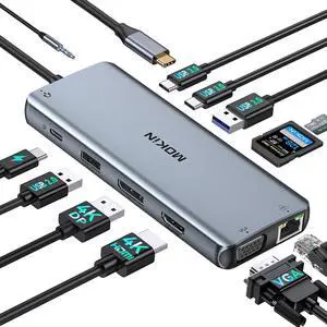 USB C Docking Station Dual Monitor,Laptop Docking Station 3 Monitors,MOKiN 12 in1 USB C Dock Hub Multiport Adapter with 4K HDMI+DisplayPort+VGA,100W PD,4 USB Ports,Ethernet,SD,Audio for Dell/HP/Lenovo