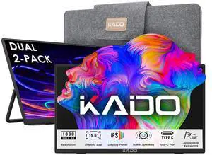 Kado Dual Portable Monitor Setup - 2-Pack 15.6" FHD for Laptop, 1920x1080 IPS HDMI USB Type-C Screen Extender, Built-in Speakers, Stacked Setup for Office Gaming Daytrading