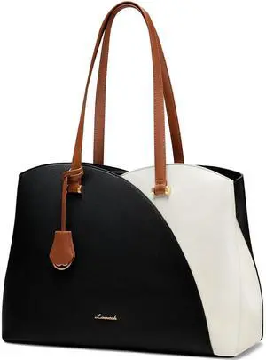 LOVEVOOK 17 Inch Laptop Tote Bag for Women, Work Bags Laptop Bag Teacher Tote Bag, Leather Computer Bag Large Purses Handbag Professional Briefcase, Black-Beige-Brown