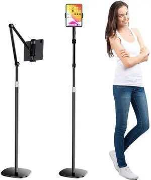 OATSBASF Tablet Floor Stand, Overhead Bed Phone Mount, Height & 360 Degree Angle Adjustable Universal Metal Tablet Holder Compatible with iPad, Samsung Galaxy Tab, iPhone, Kindle, 4.7-12.9" (Black)