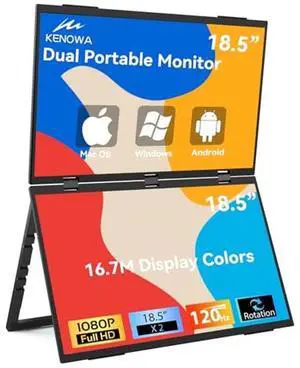 Kenowa 18.5" 120Hz Dual Monitor Portable Monitor Laptop Screen Extender 1080P Type-C Mini HDMI for PC Windows OS Phone Game Devices, 360deg Folding Dual Screen Display,Built in Speakers