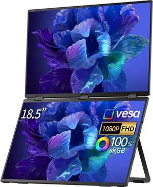 18.5" Dual Screen Portable Monitor Set 100Hz, 100% sRGB, 1080P HDR - 330deg Rotation, Folding Design Versatile Solution for Laptop, PC, Phone, Game Console Includes Stand and VESA Mount Plug and Play