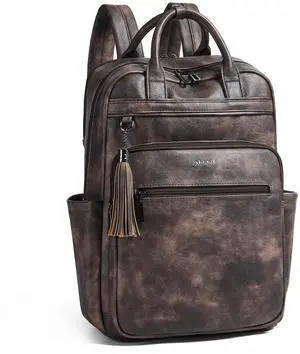 Shrrie Laptop Backpack for Women 15.6 inch Travel Leather Backpack Purse Work Computer Backpacks for Business College Coffee