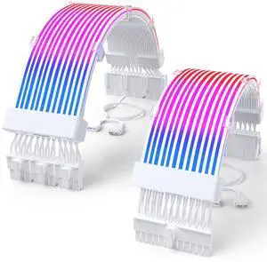 Sirlyr RGB PSU Cable Extension,ARGB PC Power Supply Cable with Soft LED Stripes and PVC Sleeved Extend Cable,16AWG 24 Pin ATX Triple 8 Pin PCIE Set