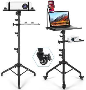Tossbiss Laptop Tripod on Wheels with 2 Shelves, Portable Projector Floor Stand Adjustable Height 25.9 to 51.8 Inch with Phone Holder
