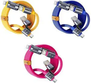 Vexipia 3 Pack 4-in-1 5FT 60W USB C Cable Lightning Cable (Yellow + Pink+Blue)